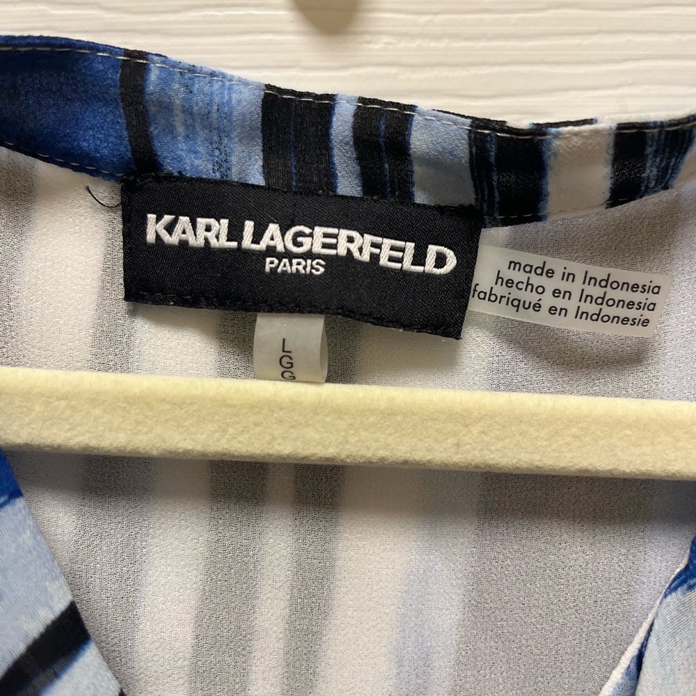 Karl Lagerfeld Paris Blue/Black/White Ruffle Blouse EXCELLENT CONDITION - Picture 3 of 3